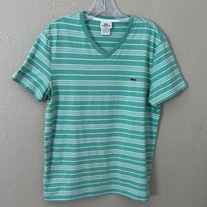 Mens Lacoste Striped V Neck Regular Fit Short Sleeve Shirt, Size 5 Large Green